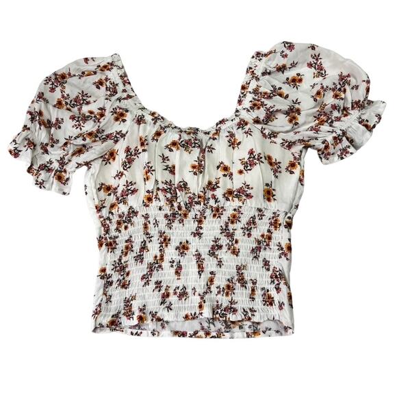 No Boundaries Top Women XS Juniors Ivory Floral Puff Sleeve Cropped Empire Waist - Picture 2 of 8